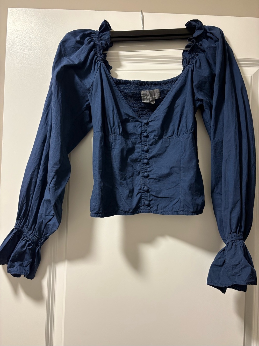 Anthropologie Navy Button-Front Long-Sleeve Peasant Blouse